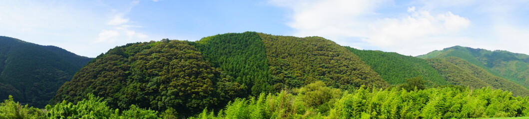 Fototapeta na wymiar Rural Landscape over Mountain range in Kochi, Shikoku, Japan, Panoramic view - 日本 四国 高知 田園風景 パノラマ