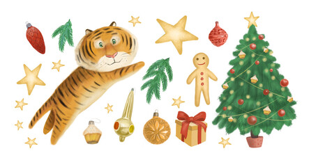 Christmas collection with tiger and tree decorations. The symbol of the new year of the Chinese calendar. Hand-drawn image. Watercolors and illustrations.
