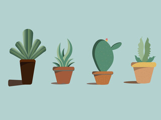 Set of decorative house plants in pots isolated on pastel background. Interior plant, vector, Cactus, flower, small tree. Vector illustration