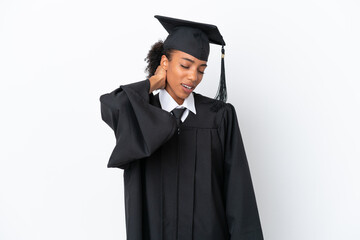 Young university graduate African American woman isolated on white background with neckache