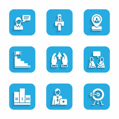 Fototapeta premium Set Growth chart and progress, Businessman, Target with arrow, Two sitting men talking, Award over winner podium, Stair finish flag, Worker location and Speech bubble chat icon. Vector