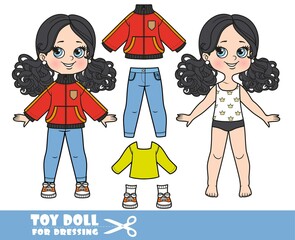 Cartoon girl with black ponytails dressed and clothes separately - demi-season jacket,  long-sleeved T-shirt, jeans and sneakers doll for dressing