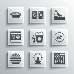 Set Ferris wheel, Amusement park map, Hunt on rabbit with crosshairs, Popcorn in box and glass, Burger, Shooting gallery, Hotdog and Water slide icon. Vector