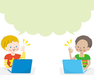 パソコンで交流する世界の子供達のイラスト