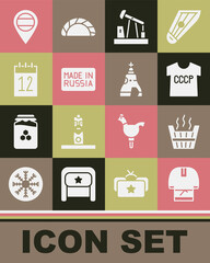 Set Kosovorotka, Sauna bucket, USSR t-shirt, Oil pump pump jack, Made in Russia, Calendar 12 june, Location and The Tsar bell icon. Vector