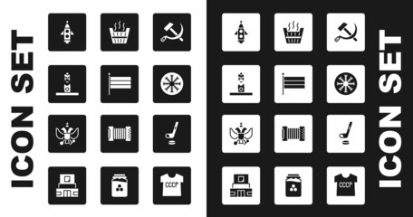 Set Hammer and sickle USSR, National Russia flag, Slavic pagan idol, Rocket ship, Snowflake, Sauna bucket, Ice hockey stick puck and emblem of icon. Vector