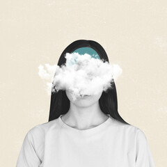 Contemporary art collage of female portrait, face covered with cloud isolated over pastel background