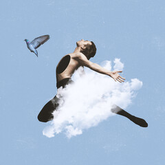 Contemporary art collage of male ballet dancer in motion covered with cloud. Dove flying isolated over blue background - obrazy, fototapety, plakaty