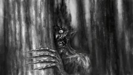 Scary Mr. Halloween looks out from behind tree in dark forest. Gloomy evil demon. Spooky 2d illustration.