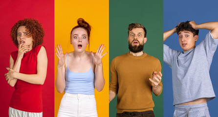 Obraz premium Portraits of group of multiethnic young people on multicolored background. Concept of emotions, facial expressions. Collage