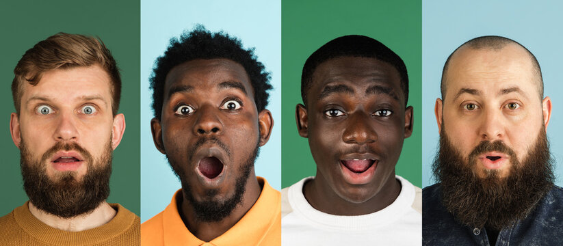 Close-up images of group of multiethnic young men with shocked emotions on multicolored background. Concept of unity, diversity and facial expressions. Collage