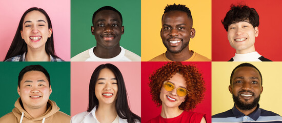 Portraits of group of multiethnic young people on multicolored background. Concept of emotions,...