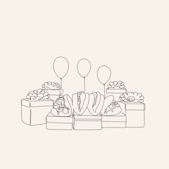 Bao - steamed pie with meat filling and fresh vegetables holiday Line art Bao steamed pie