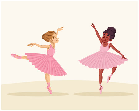 White girl and black girl dancing ballet with tutu outfit