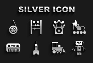 Set Dart arrow, Roller skate, Robot toy, Toy train, piano, Jack the box, Yoyo and Abacus icon. Vector