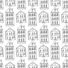 Seamless pattern of hand drawn cute houses. Vector seamless background. - 458952747