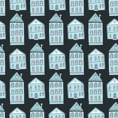 Seamless pattern of hand drawn cute houses. Vector seamless background. - 458952793