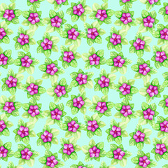 watercolor floral seamless pattern green and pink for background, 
design, decoration with pink flowers on light blue background