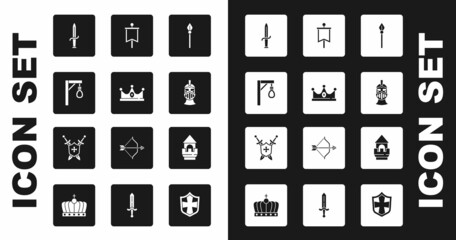 Set Medieval spear, King crown, Gallows, Dagger, iron helmet, flag, Castle tower and shield with swords icon. Vector