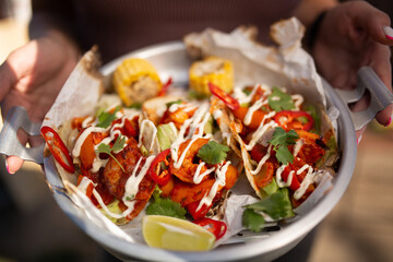 row of Tasty spicy and healthy Mexican street tacos served with various vegetables and salsa with chicken meat, beans   on slate with carne asada and al pastor in corn tortilla