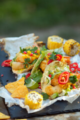 row of Tasty spicy and healthy Mexican street tacos served with various vegetables and salsa with chicken meat, beans   on slate with carne asada and al pastor in corn tortilla top view 