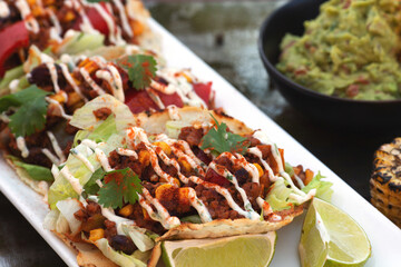 row of Tasty spicy and healthy Mexican street tacos served with various vegetables and salsa with chicken meat, beans   on slate with carne asada and al pastor in corn tortilla