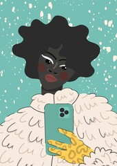 African-American woman in a stylish fur coat against the backdrop of a snowfall. A woman holds a smartphone and takes a selfie. Vector illustration. Clothing and accessories, fashion and style.