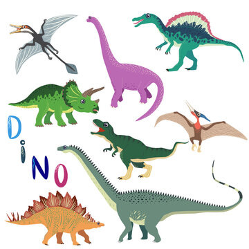 collection of cute flat dinosaurs, including T-rex, Stegosaurus, Velociraptor, Pterodactyl, Brachiosaurus and Triceratop