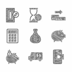 Set Money bag, Armored truck, Mobile banking, Piggy, with coin, Calculator, Pos terminal and Inserting icon. Vector