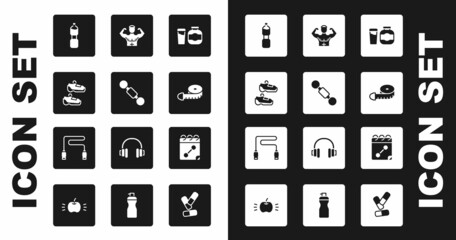Set Sports nutrition, Dumbbell, sneakers, Bottle of water, Tape measure, Bodybuilder muscle, Calendar fitness and Jump rope icon. Vector
