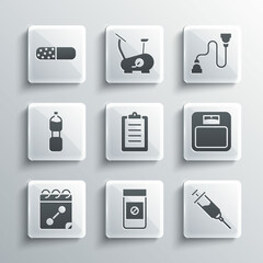 Set Anabolic drugs, Doping syringe, Bathroom scales, Sport training program, Calendar fitness, Bottle of water, Vitamin pill and Chest expander icon. Vector