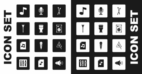 Set Drum sticks, Clarinet, Music note, tone, Stereo speaker, Microphone, Triangle and book with icon. Vector