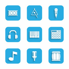 Set Grand piano, Microphone, Drum, machine, Music note, tone, Headphones, and icon. Vector