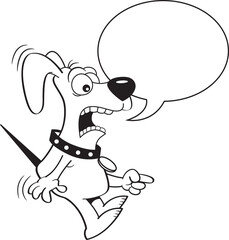 Black and white illustration of a scared dog pointing with a caption balloon.