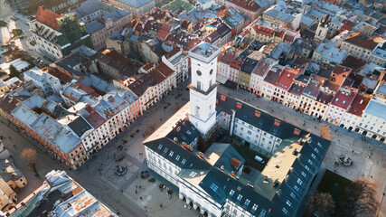 Fototapeta premium Aerial view of the Market Square in the Old Town of Lviv, Ukraine. Town hall and Market Square