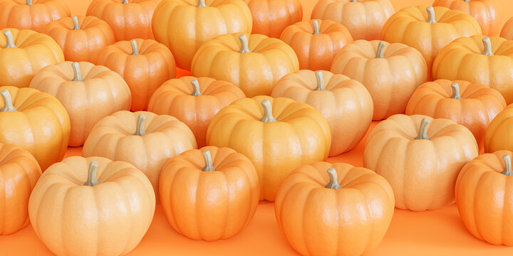Pumpkins on orange background for autumn holidays or sales, 3d render