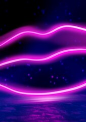 Glowing lips. 3d render, neon kiss, neon light, laser show, impulse, equalizer chart, ultraviolet spectrum, pulse power lines. Bright pink glow from neon lips, neon cyberpunk background.