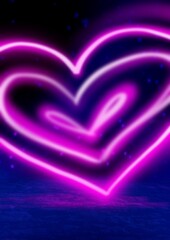 Neon heart. Glowing sign. Colorful neon poster. Circle shape with neon splash. Abstract background with liquid gradient. Applicable for banner design, cover, invitation, party flyer. Valentines Day.