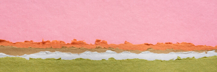 abstract landscape in green, orange and pink pastel tones - a collection of handmade rag papers, panoramic web banner