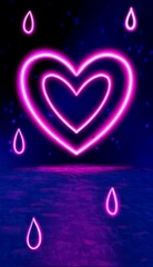 Ultraviolet heart shape, glowing lines, publication in history. A virtual reality. Arcade game background. Purple neon shapes. A pink-blue spectrum. Laser show background. Night street. Neon sign.