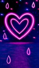 Ultraviolet heart shape, glowing lines, publication in history. A virtual reality. Arcade game background. Purple neon shapes. A pink-blue spectrum. Laser show background. Night street.