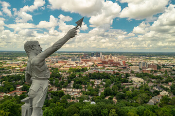 Aerial View of Vulcan Statue overlooking downtown Birmingham, AL  - obrazy, fototapety, plakaty
