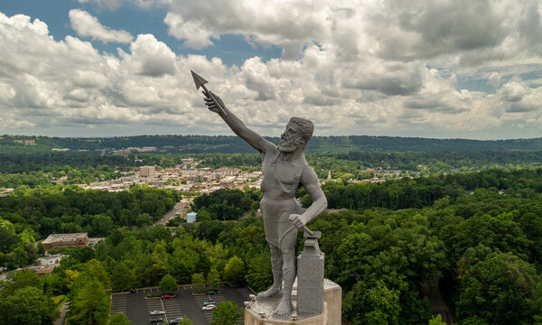 Aerial View of Vulcan Statue overlooking downtown Birmingham, AL