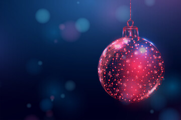 Fototapeta premium Wireframe Christmas ball, low poly style. Banner for the concept of Christmas or New Year with a place for an inscription. Abstract modern 3d vector illustration on blue background.