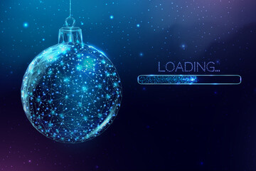 Wireframe Christmas ball and loading bar, low poly style. Merry Christmas and New Year banner. Abstract modern 3d vector illustration on blue background.