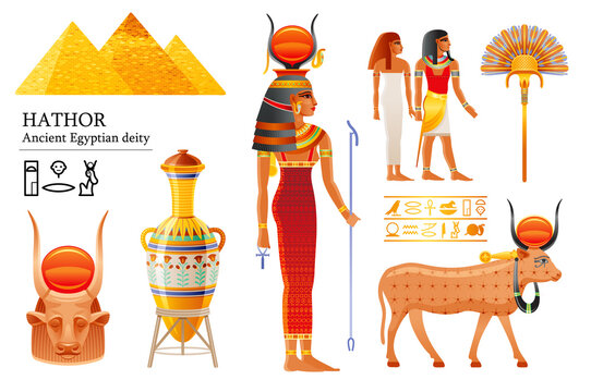 Hathor Egyptian goddess. Pharaoh icon set. Sky deity with sun, cow horn. Ancient Egyptian god of music, dance, joy, sexuality, beauty, love. 3d realistic vector illustration isolated with cow vase fan