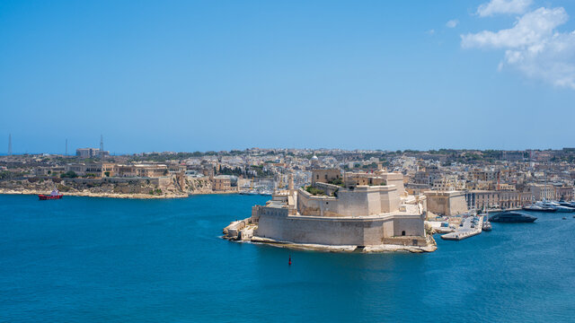 Valleta Malta  July 27 2017 Cityscape parorama  view from the battlements and gun battery