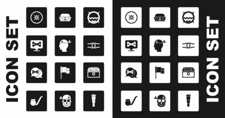 Set Ship porthole with seascape, Pirate captain, Location pirate, Compass, Rope tied knot, Sailor hat, Antique treasure chest and icon. Vector