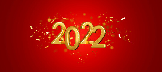 Happy New Year 2022. Celebrate party 2022, Golden Number, Web Poster, banner, cover card, layout design. 3D Rendering.