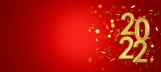 Happy New Year 2022. Celebrate party 2022, Golden Number, Web Poster, banner, cover card, layout design. 3D Rendering.